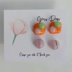 ガラス ドロップス サージカルステンレス ピアス オレンジ ピンク マーブル