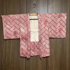 絞り　羽織　正絹　紅色系　パール風羽織紐付き