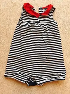 ストライプロンパース 赤い襟 95cmまで