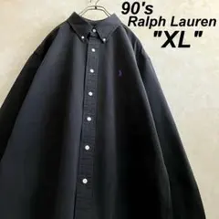 90's ラルフローレン 紫ポニー コットンBDシャツ 黒 XL
