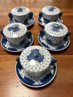 源右衛門　蓋つき煮物椀 5客セット 網目模様 魚の持ち手のサムネイル