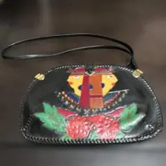 クレオパトラとバラ彫刻 編み上げ ショルダーバッグ ヴィンテージ レトロ レザー