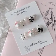 現品ネイルチップ୨୧プードル×リボン୨୧量産型ワンホン⟡韓国ショートオーバル