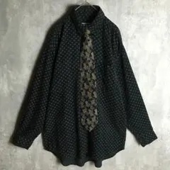 【長袖ネクタイシャツ】シルクネクタイ 総柄 コーデュロイ 2L 黒 メンズ 古着