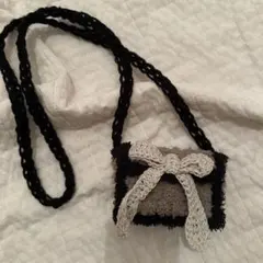 リボン 付き 編み物 ポシェット ミニバック