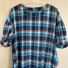 【試着のみ】SHIPS any　ブルー チェック ワンピース　コットン100%