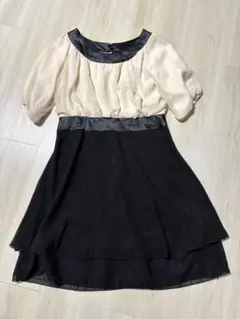ベージュと黒五分袖ひざ丈ワンピース　 結婚式パーティー用　MからLサイズの方向け