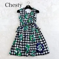 Chesty ブロックチェック フラワープリント ワンピース リボン グリーン