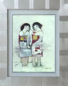 油絵 菅家令子 絵画インテリア額付(銀) F4-252023 雪国の子供たち