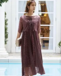 niana レース×プリーツ バックリボン結婚式ワンピース М ダークパープル