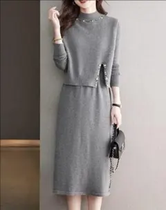 ニットロングワンピース セットアップ レディース 2点セット ベスト グレー