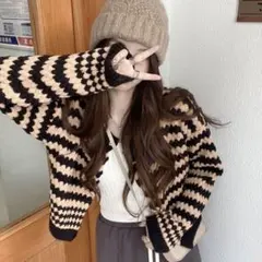 SHEIN カーディガン　シェブロンパターン　韓国ファッション　レディース