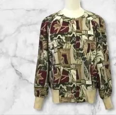 レトロブルゾン　ノーカラージャケット　総柄　袖裾リブ仕立て　レトロボタン　裏地