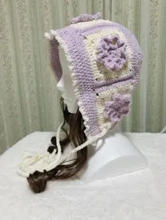 立体フラワー♡フードタイプニット帽♡ライラック　ボンネット