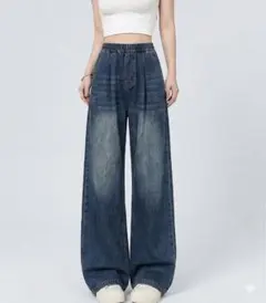ワイドデニムパンツ XL テンセル混 薄手 ウエストゴム 美品のサムネイル