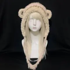 くまのボンネット フライトキャップ ハンドメイド 編み物 ピンク ブラウン