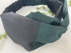 着物クロスヘアターバン　アンティーク大島紬　緑と黒柄　普通サイズ