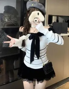 オフショルダー ストライプニット セーター