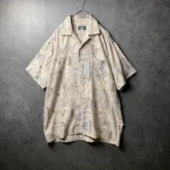 VINTAGE 半袖シャツ　柄シャツ　ベージュ　総柄　オープンカラー　レトロ