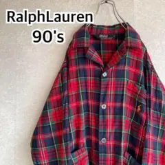 90s ラルフローレン オープンカラー チェック パジャマシャツ 刺繍ポニー
