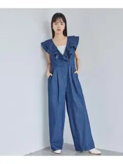 VIS ビス フリル付きデニムオールインワン