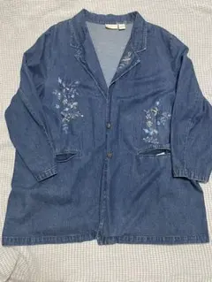 古着　デニムブルー 花柄刺繍 カジュアルジャケット
