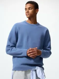 ユニクロ　ウォッシャブルミラノリブクルーネックセーター　ブルー　L