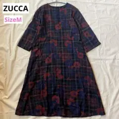 ZUCCA チェックフラワープリント ロングワンピース レッドネイビー系 M