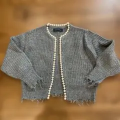MADISONBLUE グレー フリンジ パールボタン カーディガン