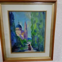 風景画 教会と人物 油彩カタコンベ・カリストF8号