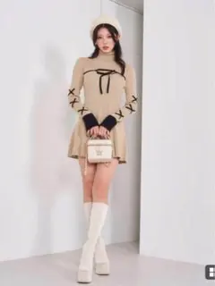 バイカラーリボンデザインニットミニワンピース