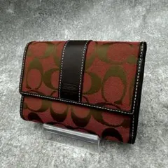 極美品　コーチ シグネチャーキャンバス 長財布 フラップ 赤 ブラウン レザー