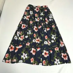 水彩花柄 ロングスカート ネイビー フレア きれいめ フェミニン ウエストゴム