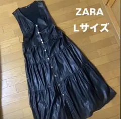 ZARA 黒 合皮ロングワンピース Lサイズ　金ボタン