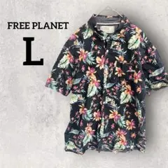 FREE PLANET【L】アロハシャツ トロピカル 花柄 ブラック