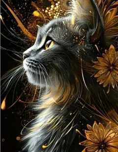 ダイヤモンドアートキット(エレガントな猫と花) 30x40cmのサムネイル