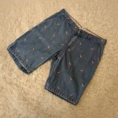 BEAMS ビームス　フラミンゴ刺繍　ハーフパンツ　綿100% ブルー　L
