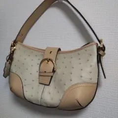 良品】オーストリッチ/スクエア型/ゴールド金具/フラップ/ハンドバッグ 