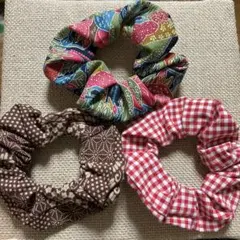 シュシュ 3個セット 花柄 チェック柄