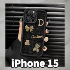 iPhone15 ケース 熊 リボン くま ハンドストラップ ツイード調 ハート