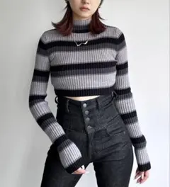 エモダ EMODA ハイネッククロップニット グレー ボーダー 【F】 短丈