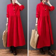 【新品】シャツワンピース　コーデュロイ　レッド　XXL