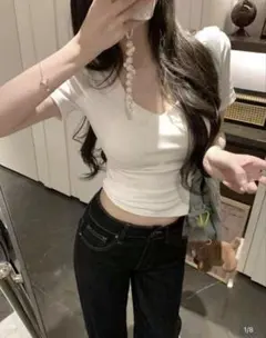 SHEIN レディース スリムフィット Vネック 半袖 Tシャツ ホワイト