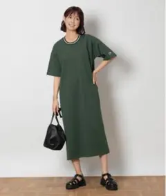 チャンピオン　ラインリブワンピース　XL ダークグリーン 半袖ワンピース