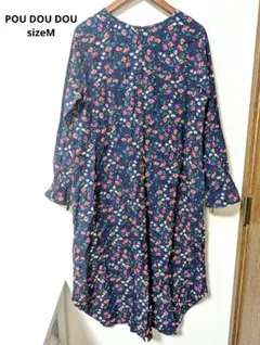 美品　POU DOU DOU　花柄ネイビー　長袖　ワンピース　紺色　Mのサムネイル