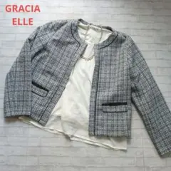 GRACIA ツイードジャケット ＆ ELLE ノーカラーシフォンブラウス