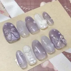 【現品限り】ネイルチップ 推し活 メンカラ紫 フラワー マグネット