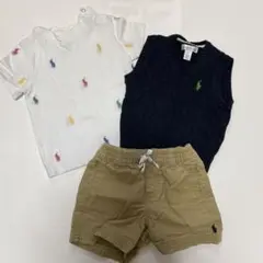 ホワイトTシャツ・ネイビーケーブルニット・ベージュショートパンツセット（12M）