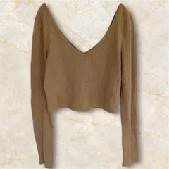 【SHEIN】Vネック ショート丈 リブニット トップス M ブラウン 秋服