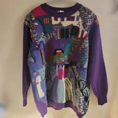 アート風デザイン 長袖ニット　セーター　 古着　ヴィンテージ　レディース